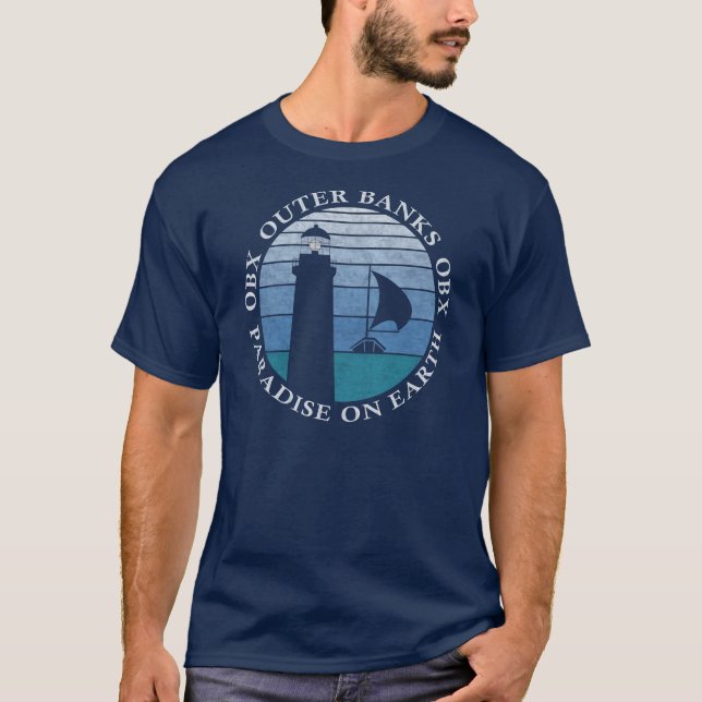 T-shirt Banques extérieures OBX Phare bleu ciel blanc Vint (Devant)