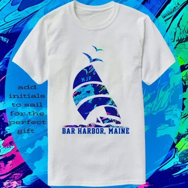 T-shirt Bar Harbour Maine Vacances en voilier (Bar Harbor, Maine Vacation Souvenir. Add initials to sail.)