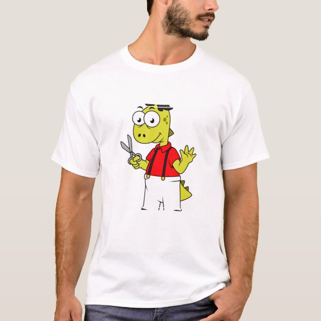 T-shirt Barbier À Rex Tyrannosaurus Avec Ciseaux. (Devant)