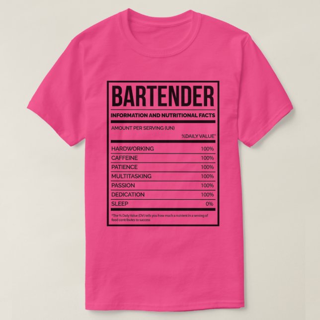 T-shirt Bartender Funny Bartending Nutrition Étiquette (Design devant)