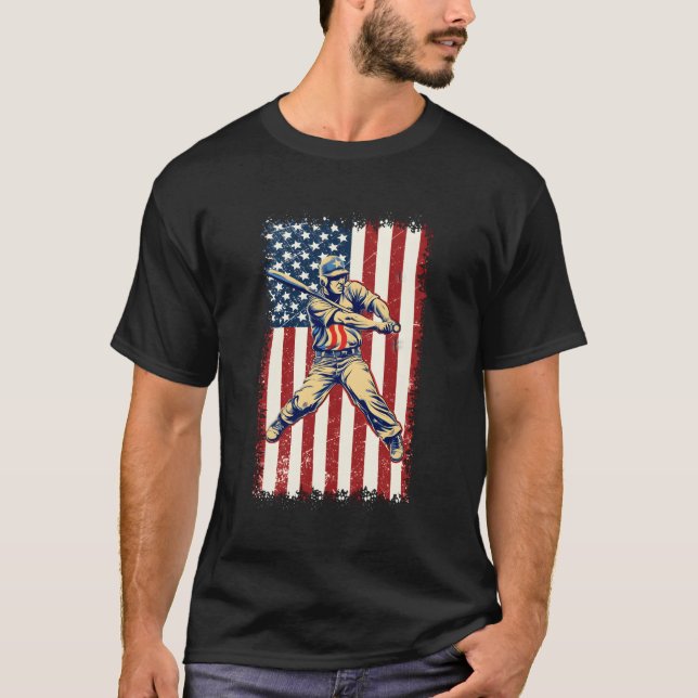 T-shirt Baseball Bat Ball 4 juillet Drapeau Américain Base (Devant)