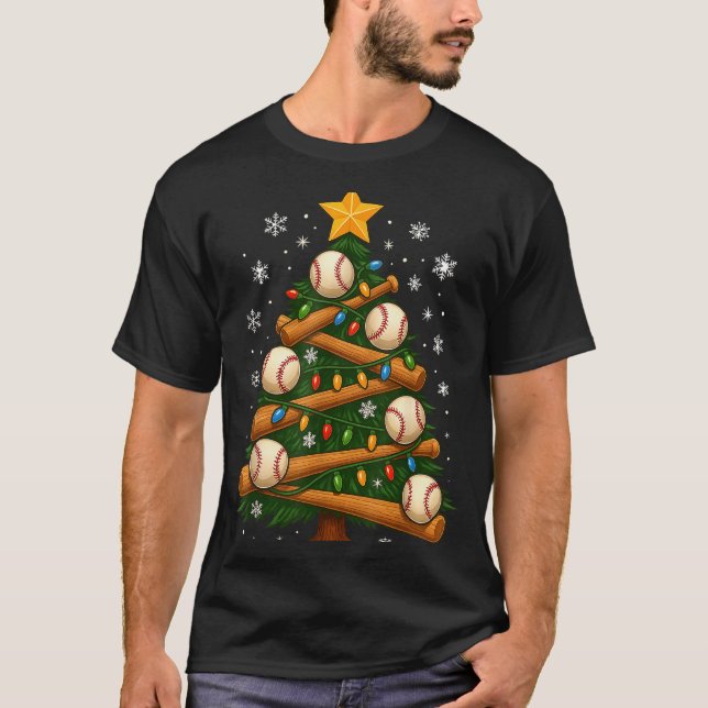 T-shirt Baseball Bat Christmas Tree Lights Holiday Design  (Devant)