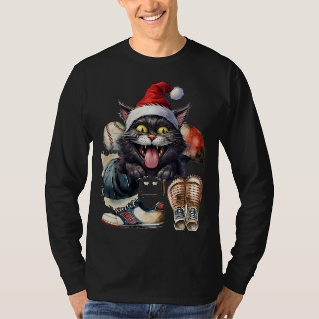 T-shirt Baseball Chat porter chapeau de Père Noël (Devant)