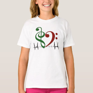 T-shirt Bass Clef Heart EKG Waves Green & Ruby Red