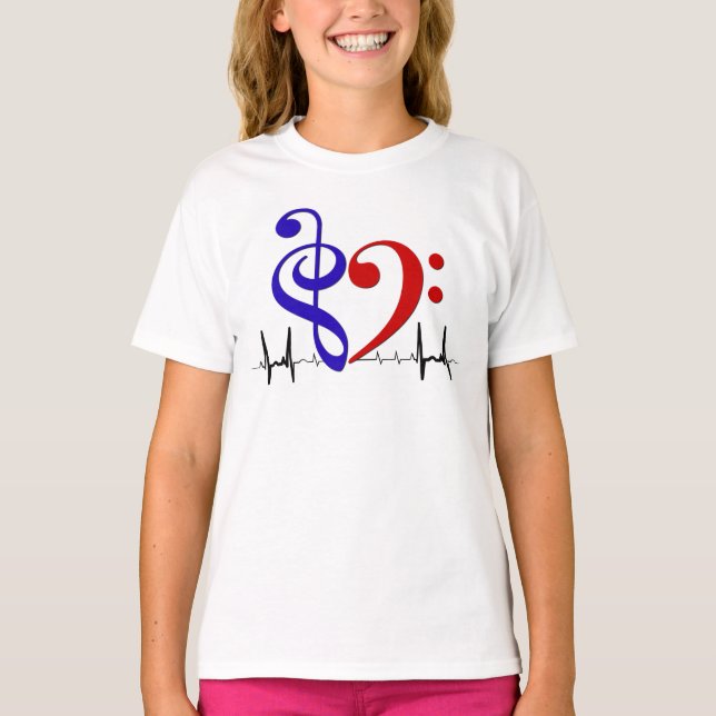 T-shirt Bass Clef Heart EKG Waves Navy & Red (Devant)
