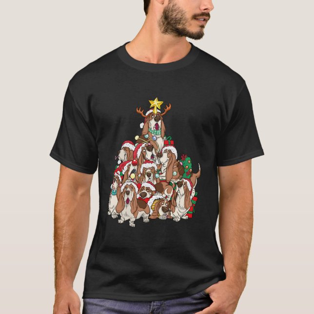 T-shirt Basset Hound Chien de Noël Chien d'arbre Père Noël (Devant)