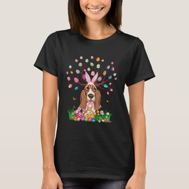 T-shirt Basset Hound Dog With Bunny Ears Easter Egg Tree E (Devant)