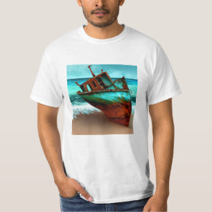 T-shirt Bateau déserté sur une plage de sable