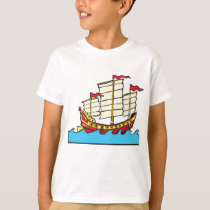 T-shirt Bateau traditionnel rouge chinois sur vagues bleue
