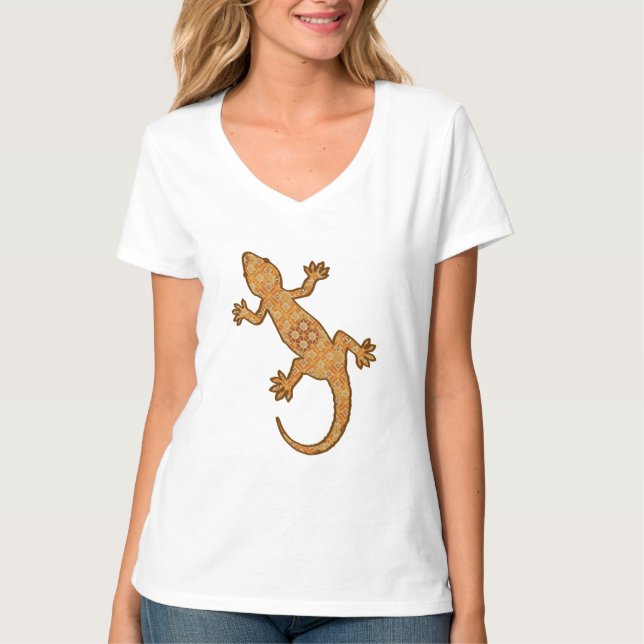 T-shirt Batik tribal Gecko - rouille, ambre et bronze (Devant)