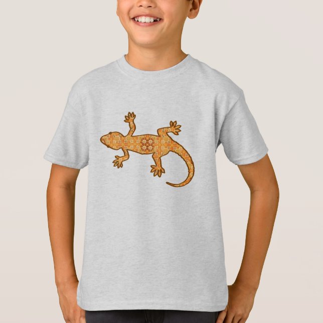 T-shirt Batik tribal Gecko - rouille, ambre et bronze (Devant)
