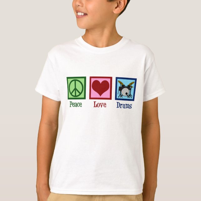 T-shirt Batteries Peace Love Cute Kids Drummer (Devant)