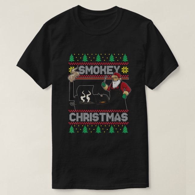 T-shirt BBQ Père Noël Grillant Rôti Sur Fumeur (Design devant)