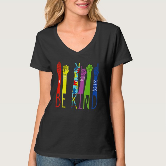 T-shirt Be Kind Hand Sign Language Puzzle Sensibilisation  (Devant)
