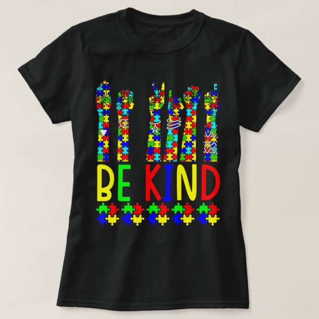 T-shirt Be Kind Hand Sign Language Puzzle Sensibilisation  (Design devant)