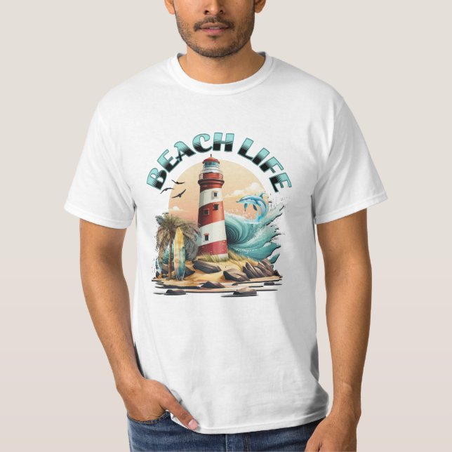 T-shirt Beach Life | Plage tropicale et phare (Devant)