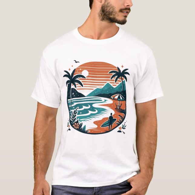 T-shirt Beach Surf Retro Sunset & Palm Trees (Devant)