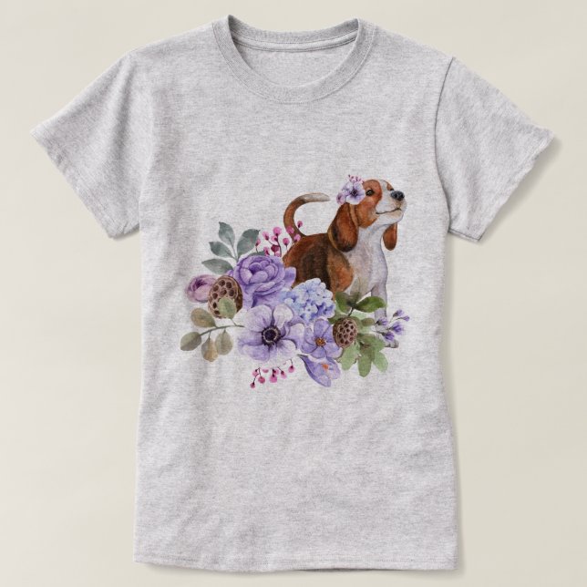 T-shirt Beagle entouré de fleurs d'aquarelle luxuriante (Design devant)