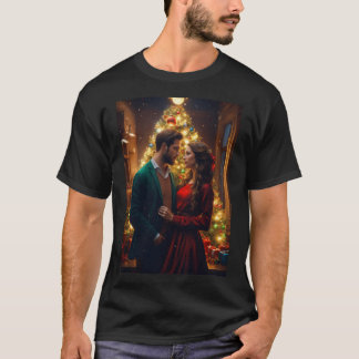 T-shirt Beau couple européen le soir de Noël.