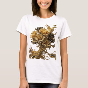 T-shirt Beau Motif Artistique de ROSES Dorées en Or