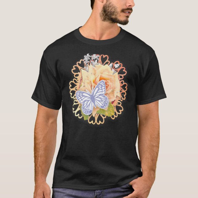 T-shirt Beau Rose de coeur Papillon vert Pêche rouge (Devant)