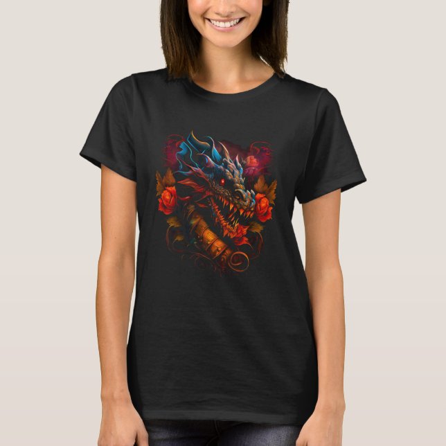 T-shirt Beautiful Floral Dragon  Fantasy Sharp Teeth Cool (Devant)