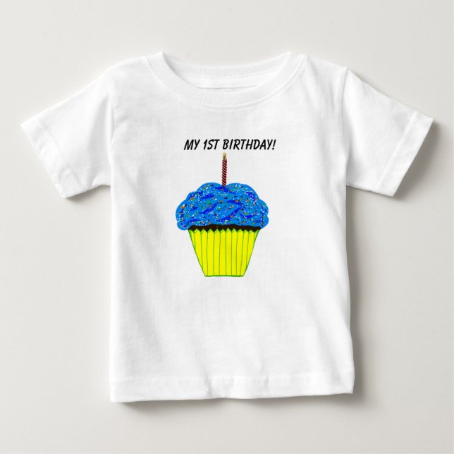 T-shirt bébé 1er anniversaire bleu Cupcake (Devant)