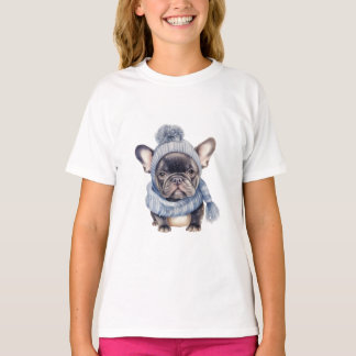 T-shirt Bébé Bulldog Hivernal en Casquette et Écharpe Bleu