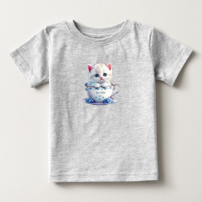 T-shirt bébé chaton dans une tasse fleurs bleues (Devant)