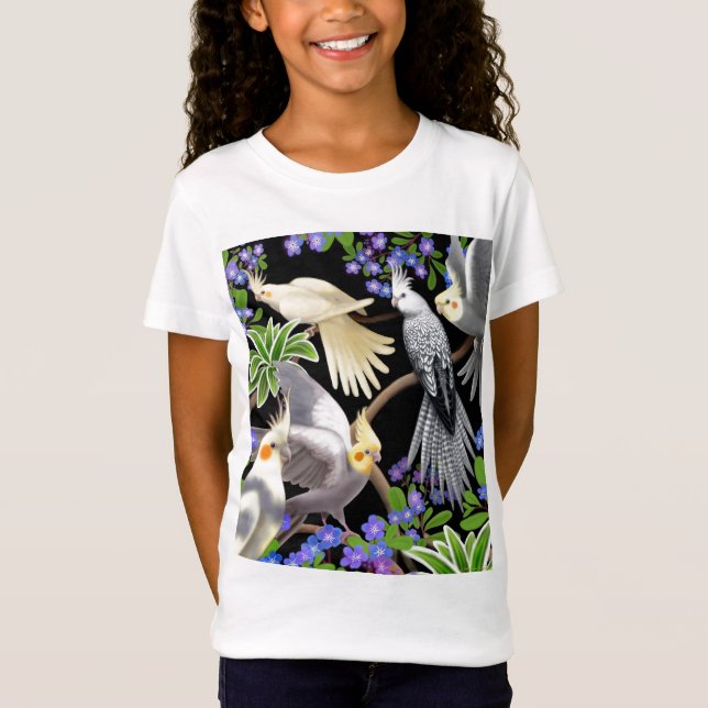 T-Shirt Bébé de filles de Cockatiels et de fleurs - (Devant)