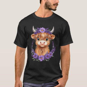 T-shirt Bébé de vache écossaise Highland avec fleurs viole