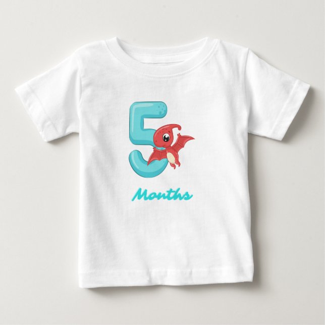 T-shirt bébé dinosaure mignon cinq mois (Devant)