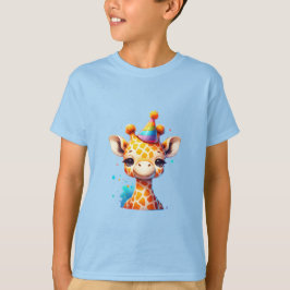 T-shirt Bébé girafe avec chapeau de fête anniversaire bleu