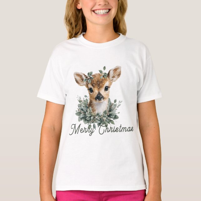 T-shirt Bébé mignon Cerf Joyeux Noël - Aquarelle Fawn (Devant)