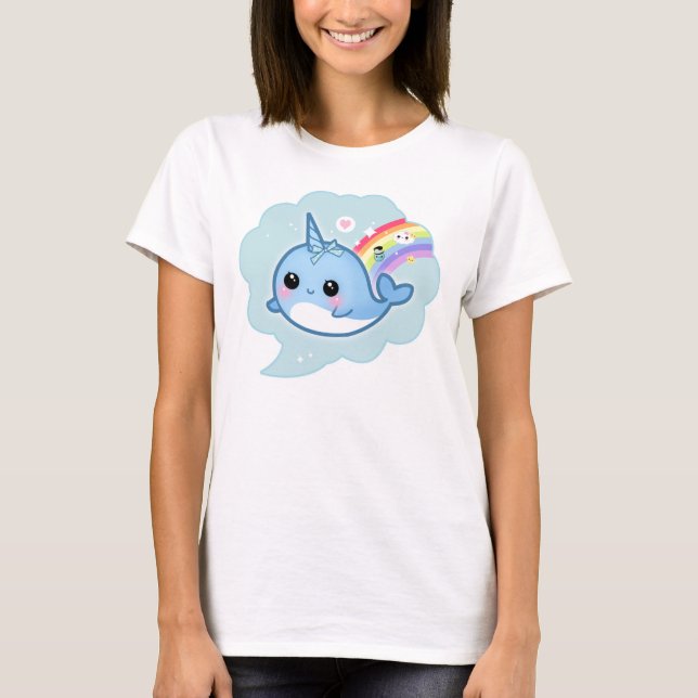 T-shirt Bébé mignon de kawaii narwhal avec l'arc-en-ciel (Devant)