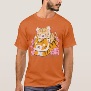 T-shirt Bébé mignon tigre et maman rose Sakura Kawaii