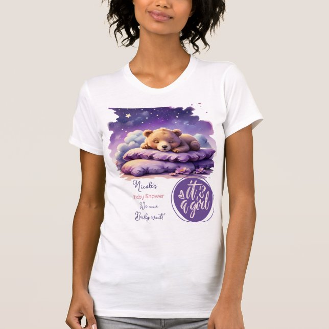 T-shirt Bébé ours dormant violet Galaxy Baby shower fille (Devant)