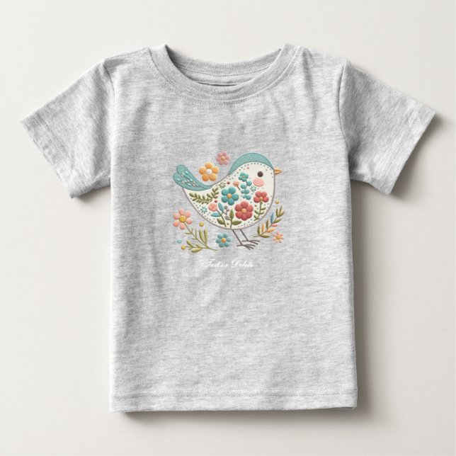 T-shirt bébé Petits Oiseaux Fleurs Bleues Roses (Devant)