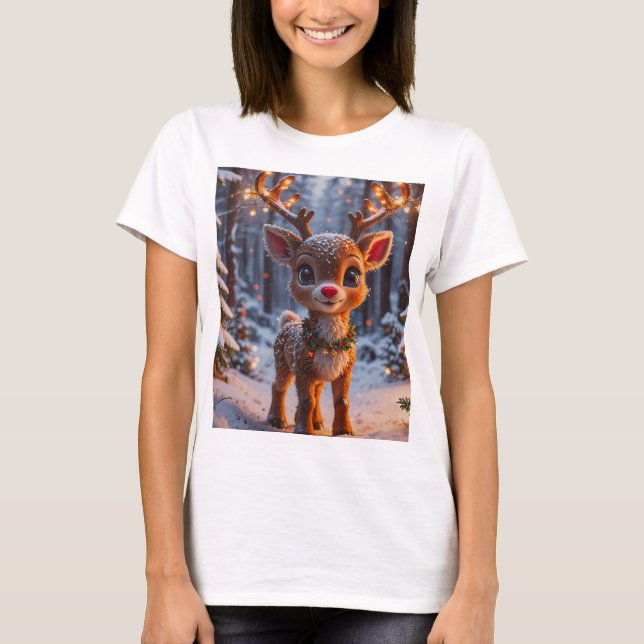 T-shirt Bébé Reindeer En Forêt Neige (Devant)