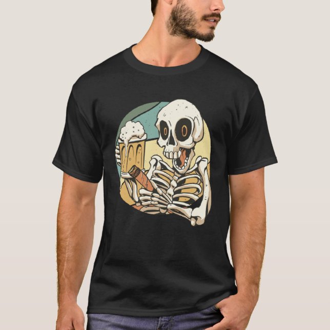 T-shirt Beer drinking cigar smoking drunk skeleton (Devant)