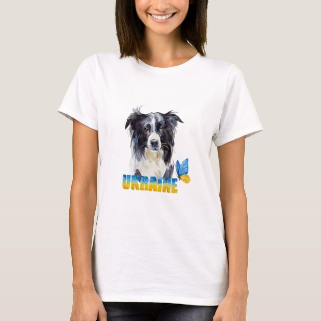T-shirt Belle aquarelle Ukraine Chien et Papillon (Devant)