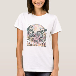 T-shirt Belle de plage rétro squelette flamant rose paix