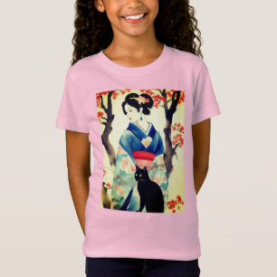 T-Shirt Belle fille japonaise avec un chat noir
