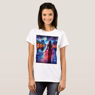 T-shirt Belle fille regardant l'eau nocturne lumineuse