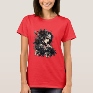 T-shirt Belle Goth Girl Black Lilly Flowers art