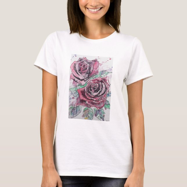 T-shirt Belle peinture à l'aquarelle rouge Rose (Devant)