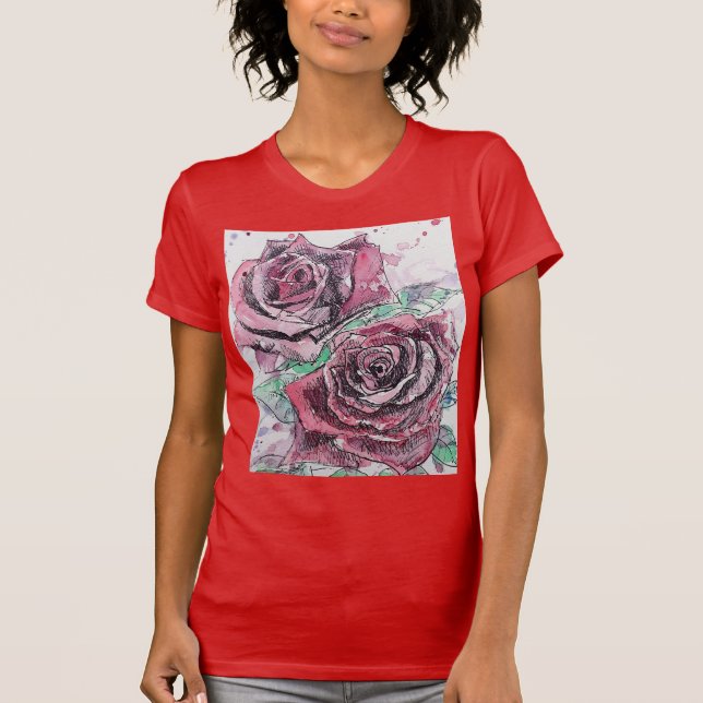 T-shirt Belle rose rouge et encre aquarelle peinture (Devant)