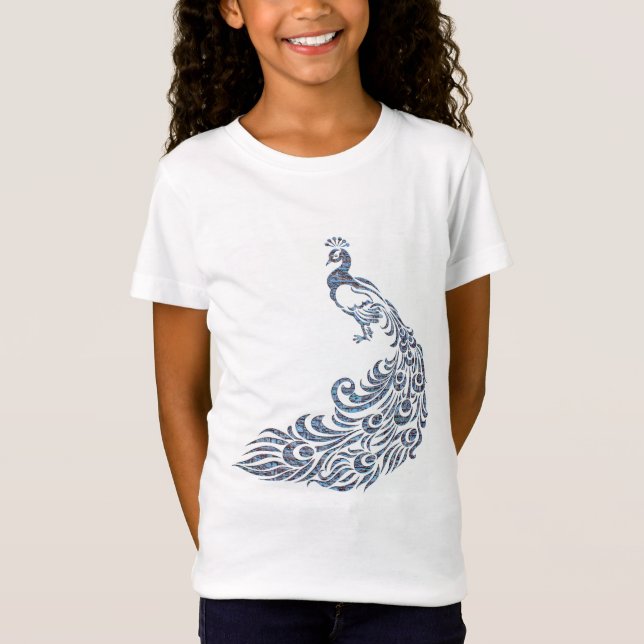 T-Shirt Belle silhouette de paon bleu orné (Devant)