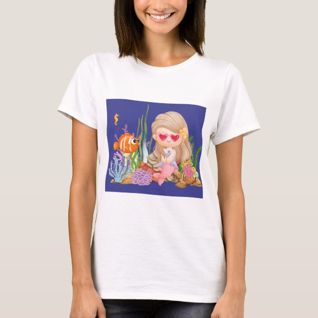 T-shirt Belle sirène BRUNET HAIR jouant dans la mer (Devant)