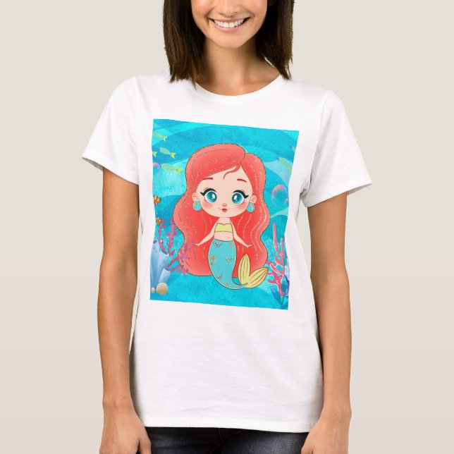 T-shirt Belle sirène RED HAIR jouant dans la mer (Devant)